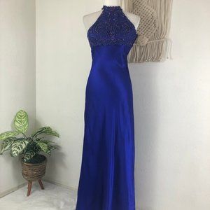 Zum Zum vintage 80s 90s indigo satin lace sparkle halter maxi gown S 4